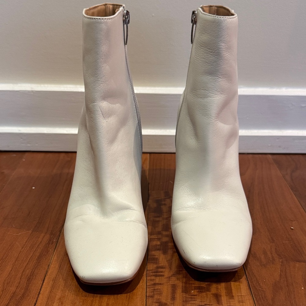 Marc Fisher White Square-Toe Leather Ankle Boots with Back Zip